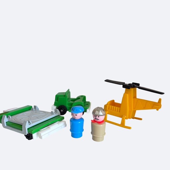 Vtg Fisher-Price Little People Helicopter Pad Truck Trailer Set Worker Pilot Lot - Picture 1 of 9